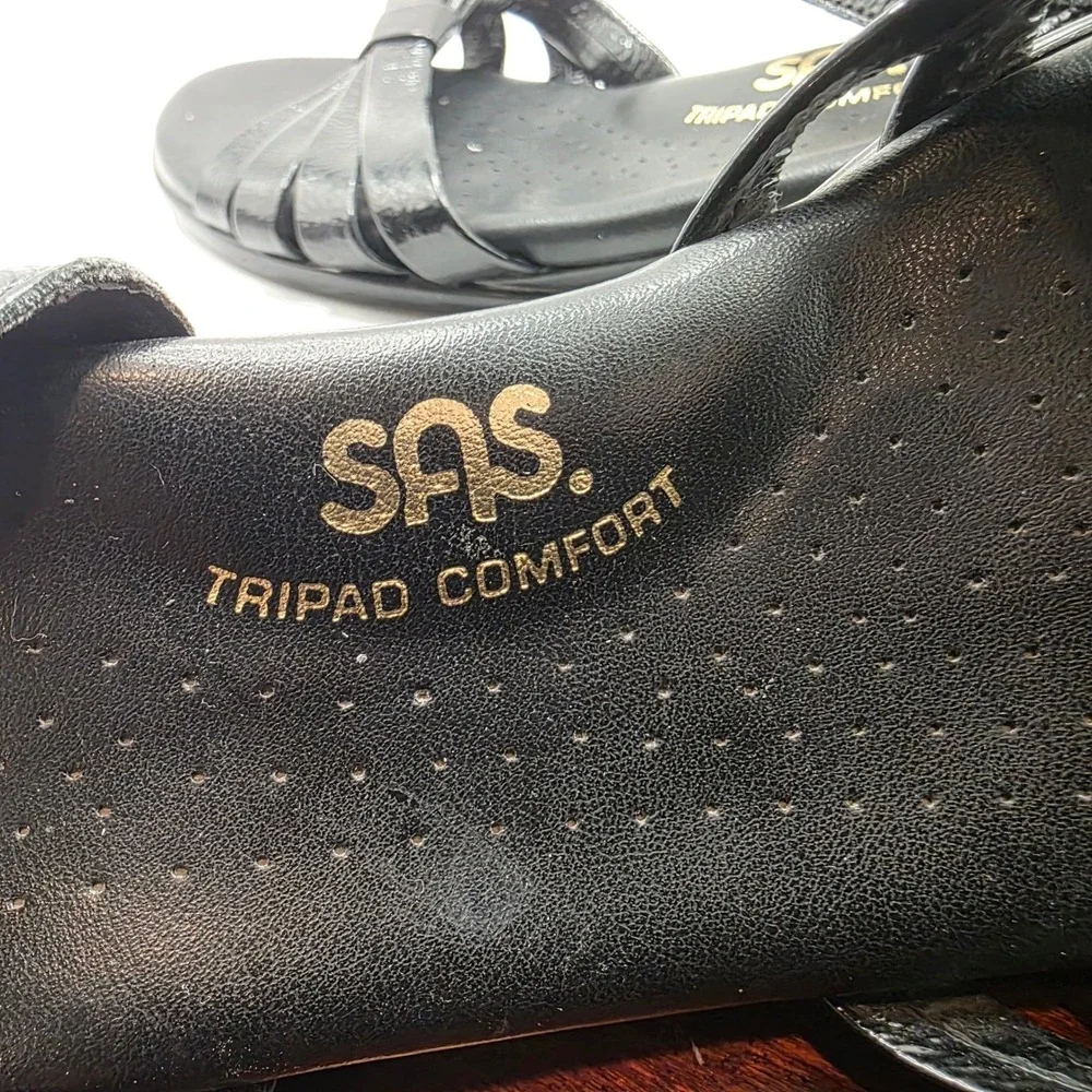 SAS Tripad Comfort Black Patent Leather Wedge Sandals Womens 8 N Made in USA